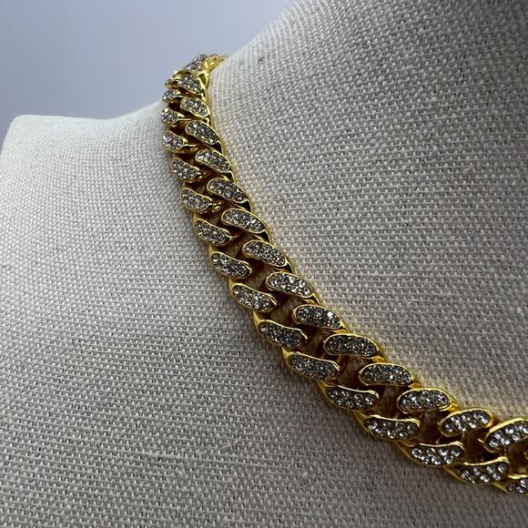 Pave Rhinestones Chunky Cable Chain Necklace 15.5” Gold Toned Snap Clasp - Picture 2 of 10